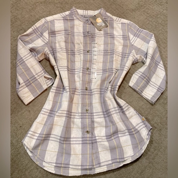 NWT!CARHARTT WOMAN LIGHT PURPLE RELAXED 3/4 SLEEVE PLAID SHIRT / SIZE S 4/6 - Picture 2 of 8
